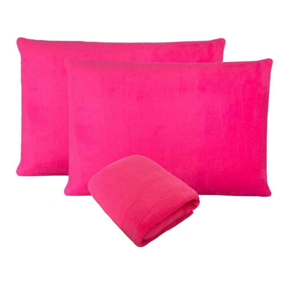 Kit Fronhas e Lençol com Elástico Casal Plush Microfibra Fleece Rosa Pink Arrumadinho Enxovais