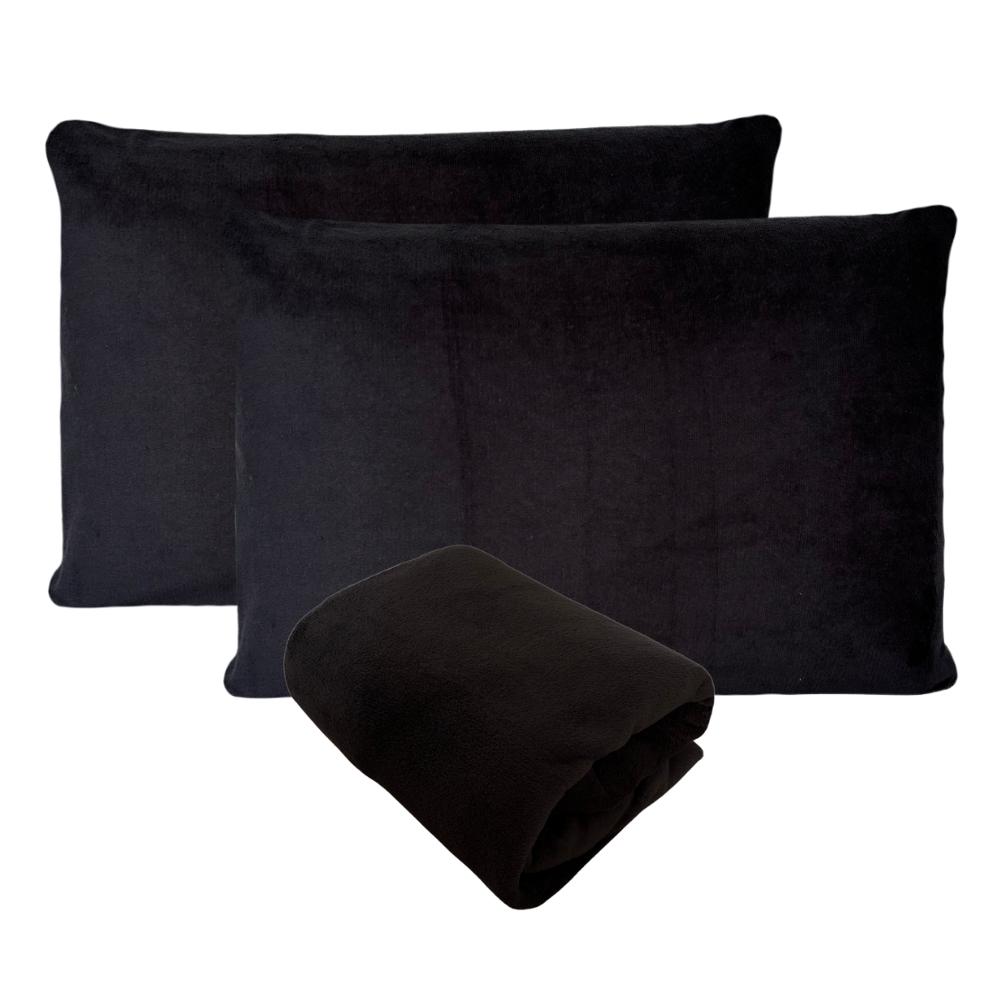Kit Fronhas e Lençol com Elástico Queen Plush Microfibra Fleece Preto Arrumadinho Enxovais