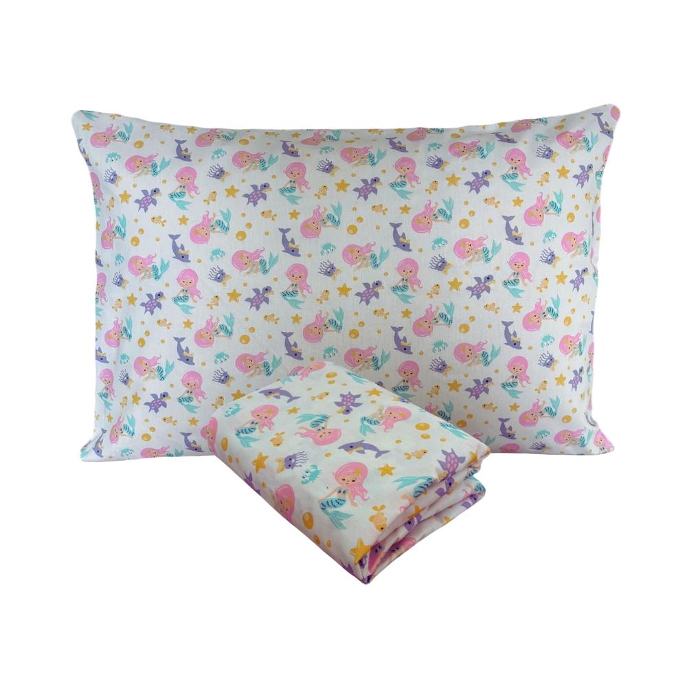 Lençol de Elástico e Fronha Sereia Mini Cama Tricoline 100% Algodão Arrumadinho Enxovais