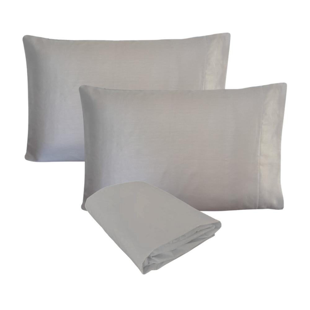 Kit 02 Fronhas e Lençol de Elástico Casal 1,38x1,88m Percal 300 Fios 100% Algodão Cinza Arrumadinho Enxovais
