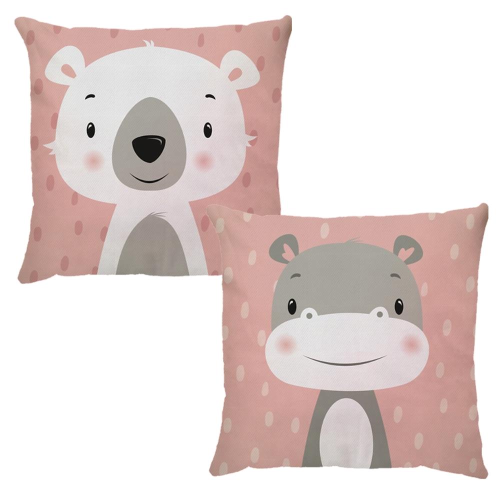 Kit 2 Capas Para Almofada 45x45cm Infantil Urso e Hipopótamo Rosa Dud Almofadas