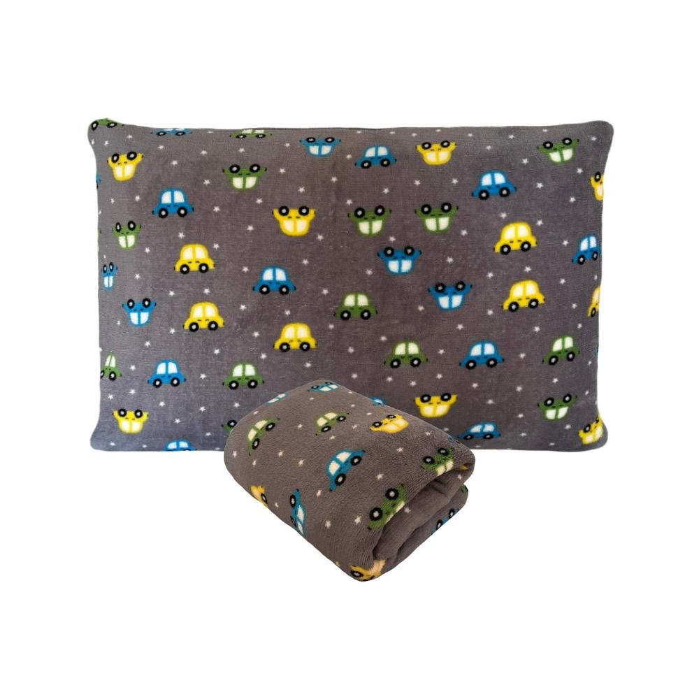 Kit Fronha e Lençol com Elástico Cama Solteiro Auxiliar 78cm Plush Microfibra Fleece Carrinhos Arrumadinho Enxovais