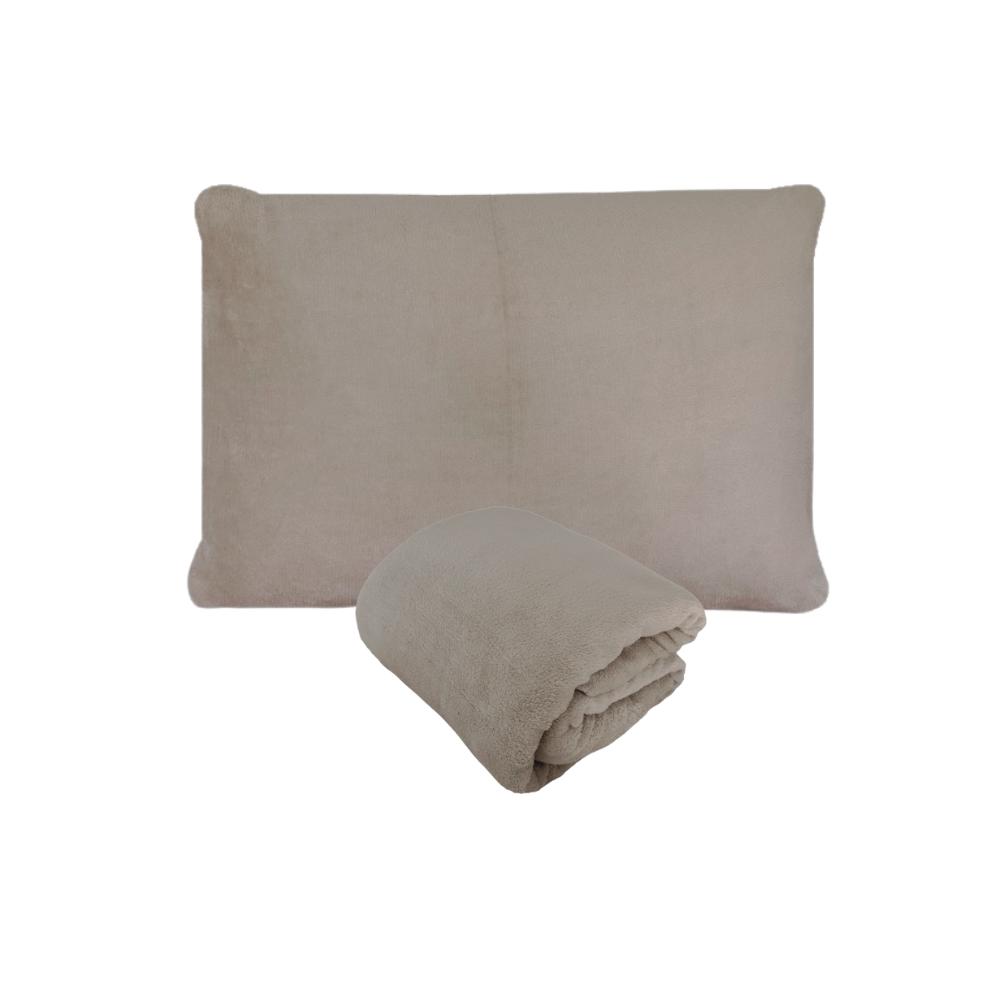 Kit Fronha e Lençol Elástico Solteiro 1,20m Viúva Plush Microfibra Fleece Bege Arrumadinho Enxovais