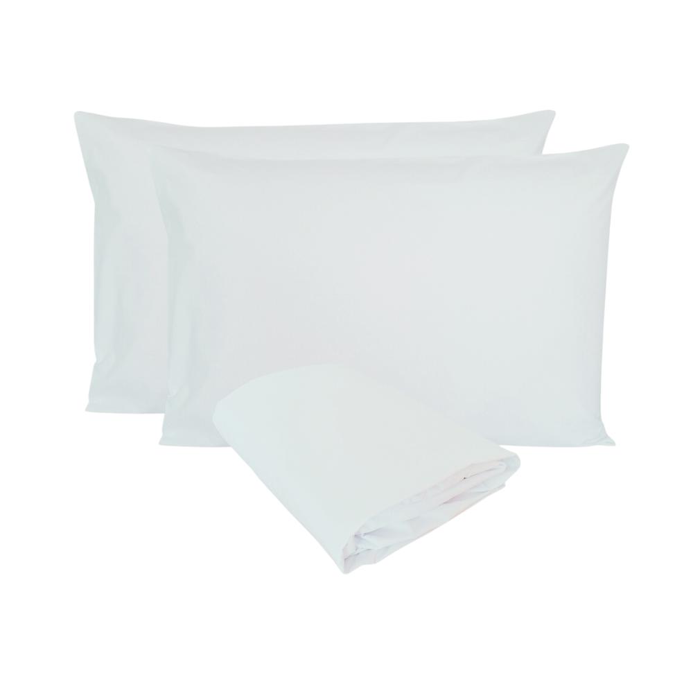 Kit 02 Fronhas e Lençol de Elástico Casal 1,38x1,88m Percal 200 Fios 100% Algodão Branco Arrumadinho Enxovais