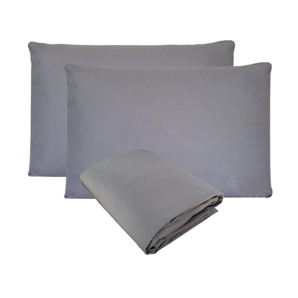Kit 02 Fronhas e Lençol de Elástico Unibox Casal Percal 200 Fios 100% Algodão Cinza Arrumadinho Enxovais