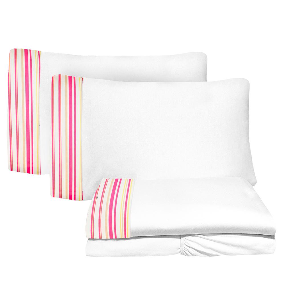 Jogo de Lençol 4 Peças King 1,93m x 2,03m Listras 01 Branco Arrumadinho Enxovais