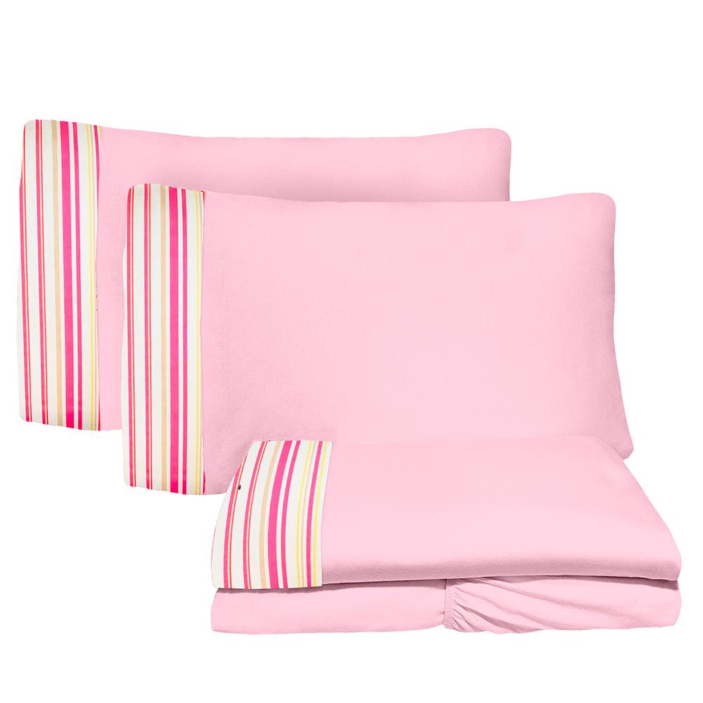Jogo De Lençol 4 Peças Queen 1,58m x 1,98m Listras 01 Rosa Arrumadinho Enxovais