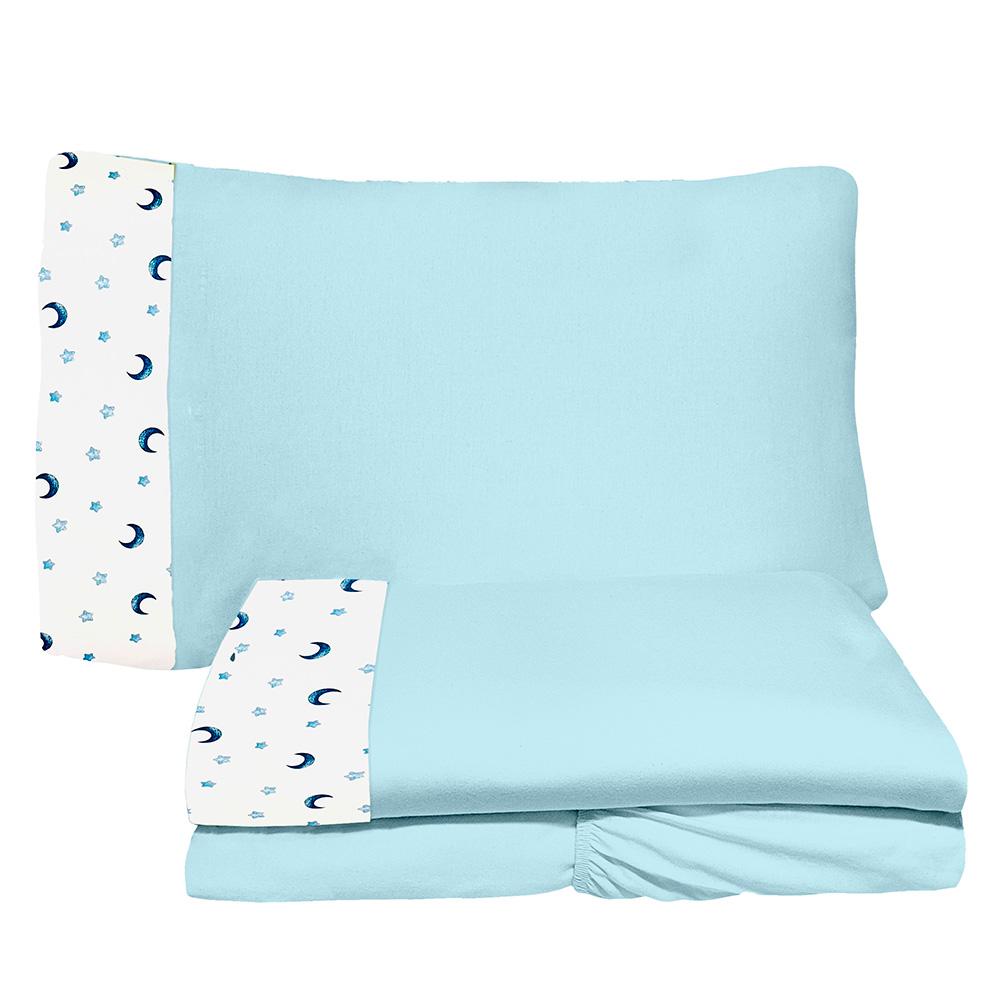 Jogo de Lençol 3 Peças Mini Cama Luar Azul 100% Algodão Arrumadinho Enxovais