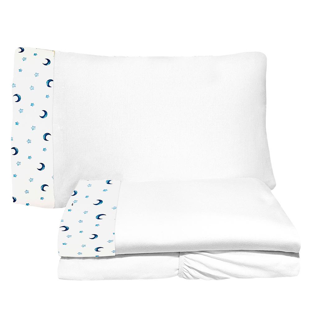 Jogo de Lençol 3 Peças Solteiro 78cm Cama Auxiliar Luar Azul Branco 100% Algodão Arrumadinho Enxovais