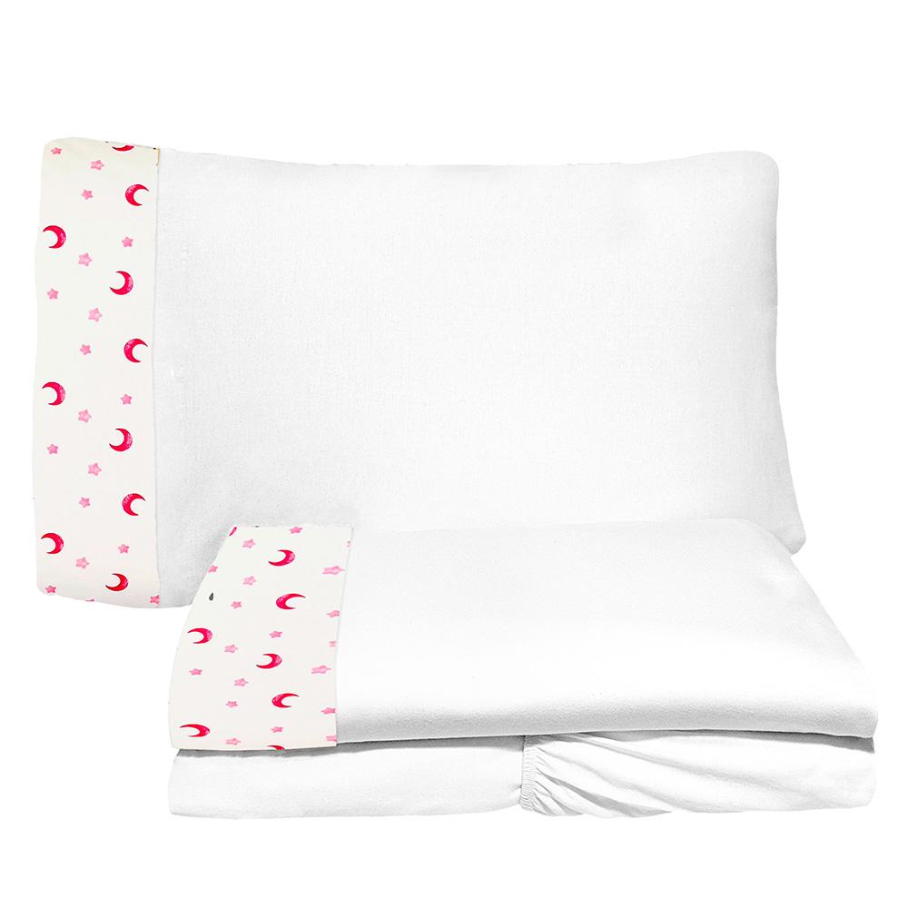Jogo de Lençol 3 Peças Mini Cama Luar Rosa Branco 100% Algodão Arrumadinho Enxovais