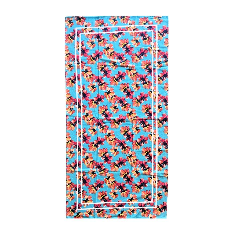 Toalha de Banho Praia Aveludada Málaga Flores Turquesa Teka
