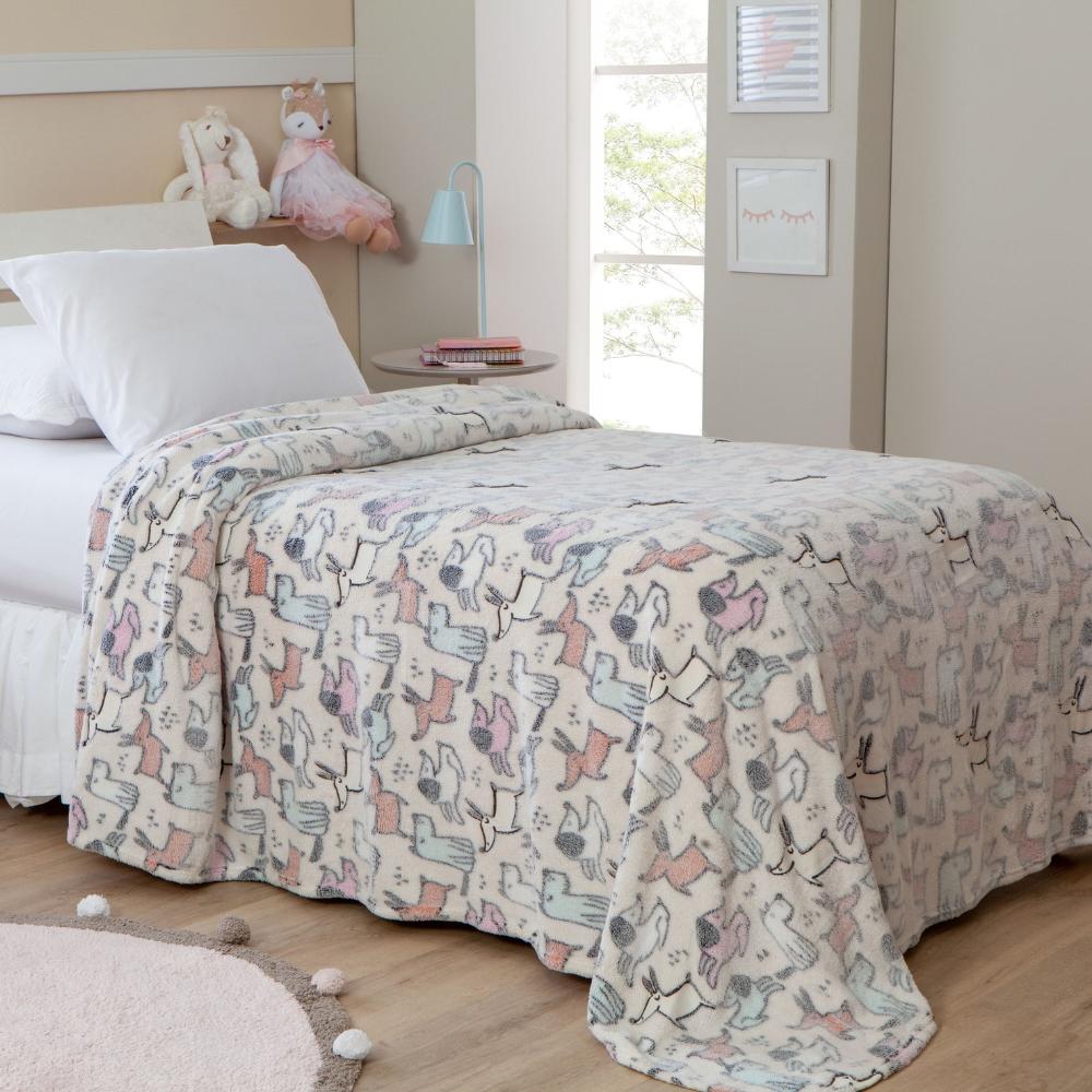 Manta de Microfibra Off White Cachorrinhos Shine Brilha no Escuro Solteiro 1,50x2,00m Corttex