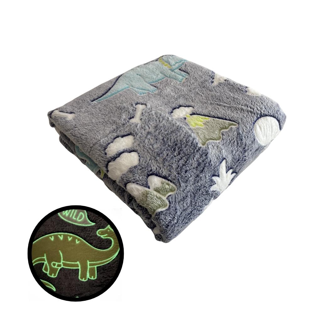 Manta Cobertor Solteiro Infantil Brilha no Escuro Azul Dinossauros 