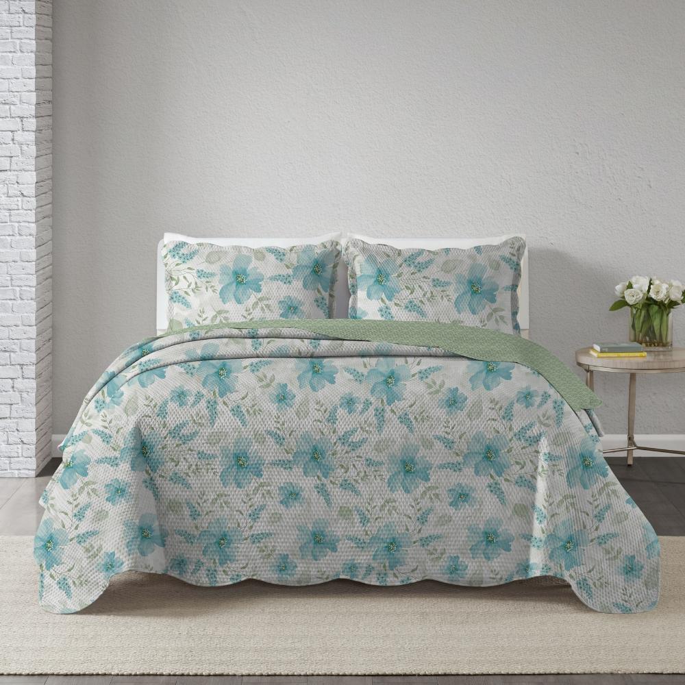 Kit Colcha 3 Peças King Paris Sort. 25 Floral Acqua Corttex