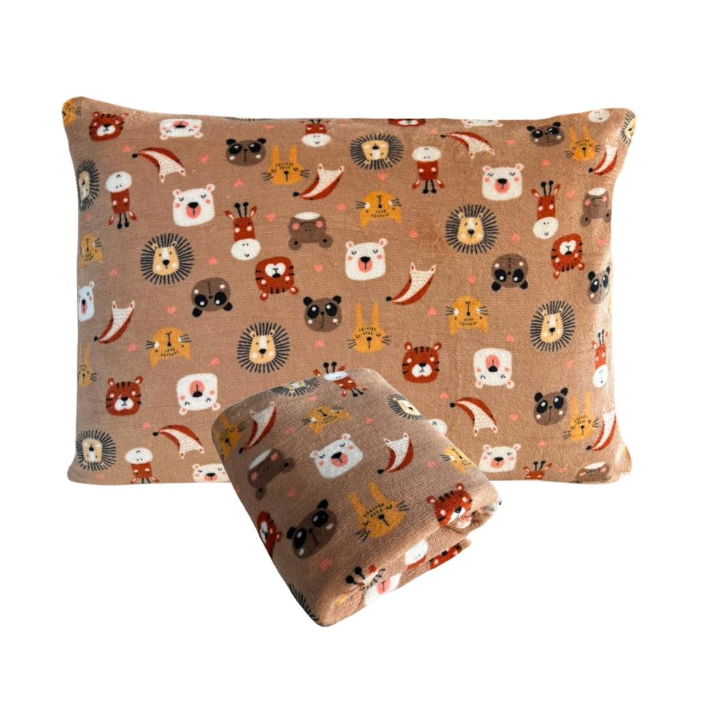 Kit Fronha e Lençol com Elástico Cama Júnior Plush Microfibra Fleece Safari Arrumadinho Enxovais