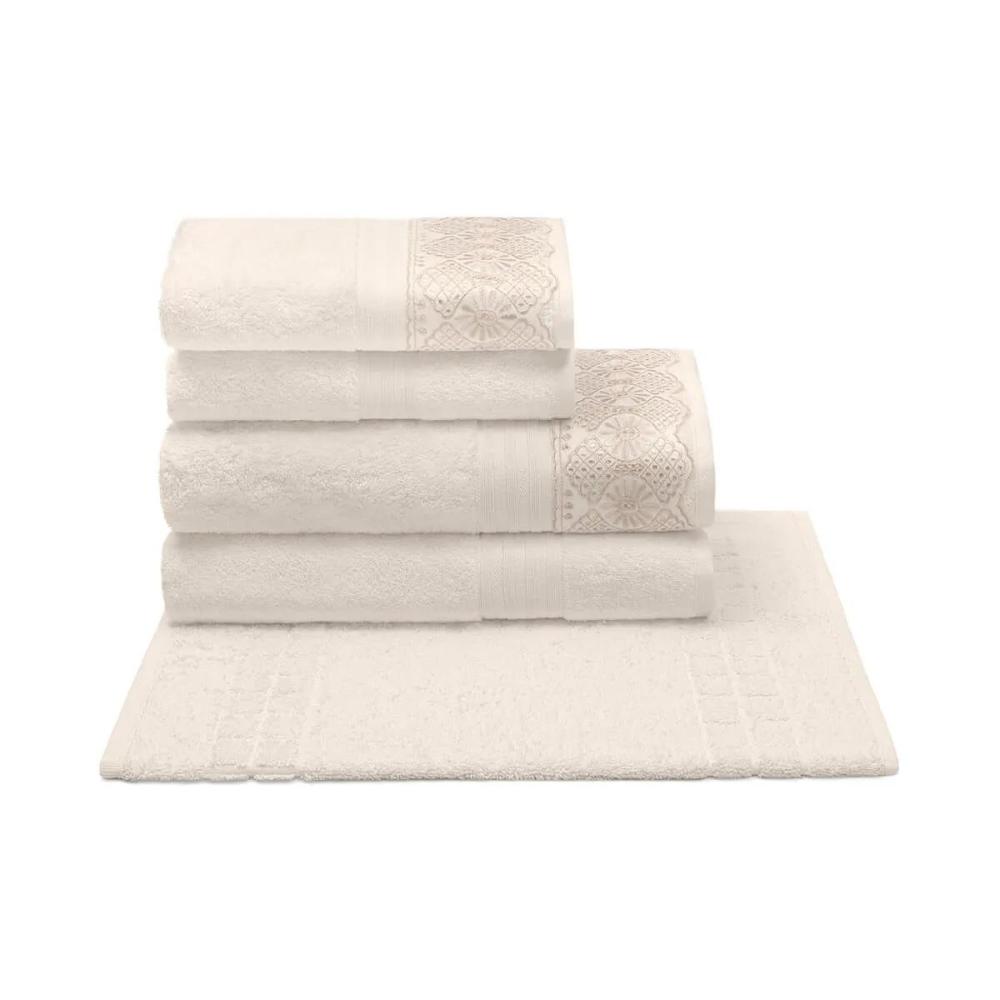 Jogo De Banho com Renda 5 Peças em Algodão Egípcio Cristal Roma Marfim Buettner