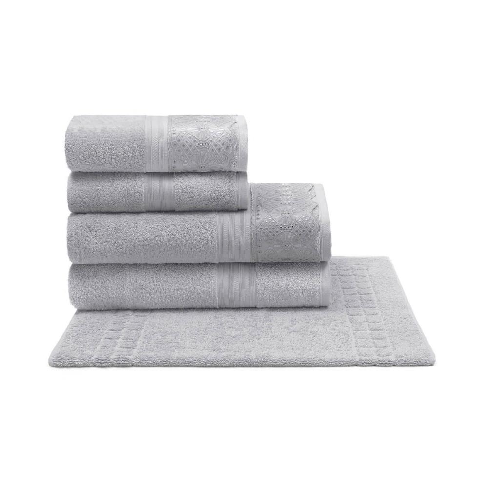 Jogo De Banho com Renda 5 Peças em Algodão Egípcio Cristal Roma Prata Buettner