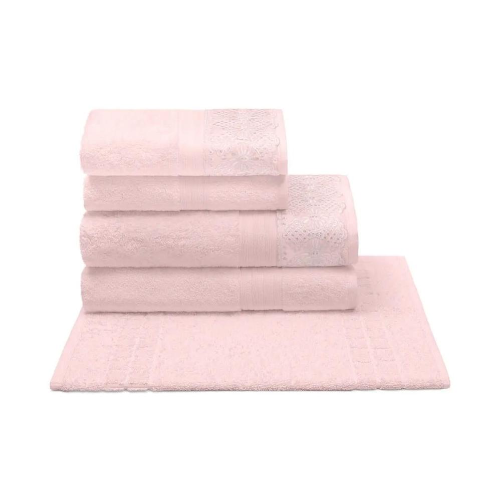 Jogo De Banho com Renda 5 Peças em Algodão Egípcio Cristal Roma Rosa Pétala Buettner