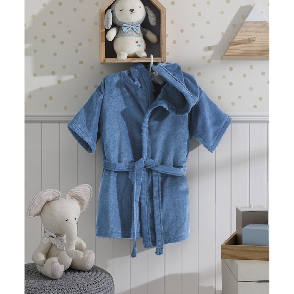 Roupão Infantil Para Bebê Aveludado com Capuz Azul Dohler