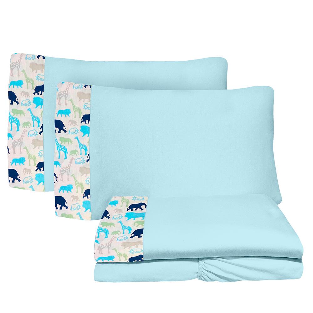 Jogo de Lençol 4 Peças Casal 1,38mx1,88m Selva Azul 100% Algodão Arrumadinho Enxovais