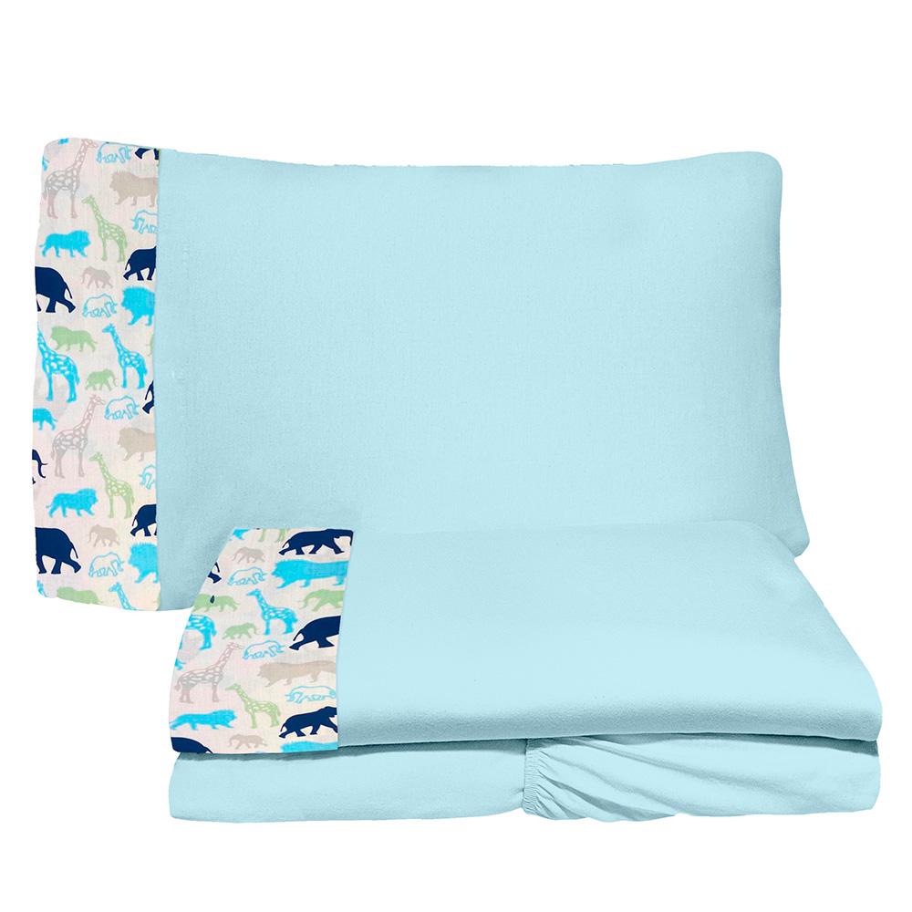 Jogo de Lençol 3 Peças Berço Americano 70x130cm Selva Azul 100% Algodão Arrumadinho Enxovais