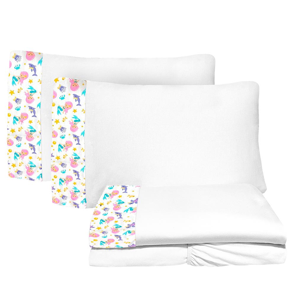 Jogo de Lençol 4 Peças Casal 1,38mx1,88m Sereia Branco 100% Algodão Arrumadinho Enxovais