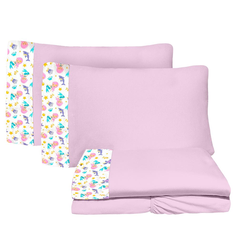 Jogo de Lençol 4 Peças Casal 1,38mx1,88m Sereia Lilas 100% Algodão Arrumadinho Enxovais