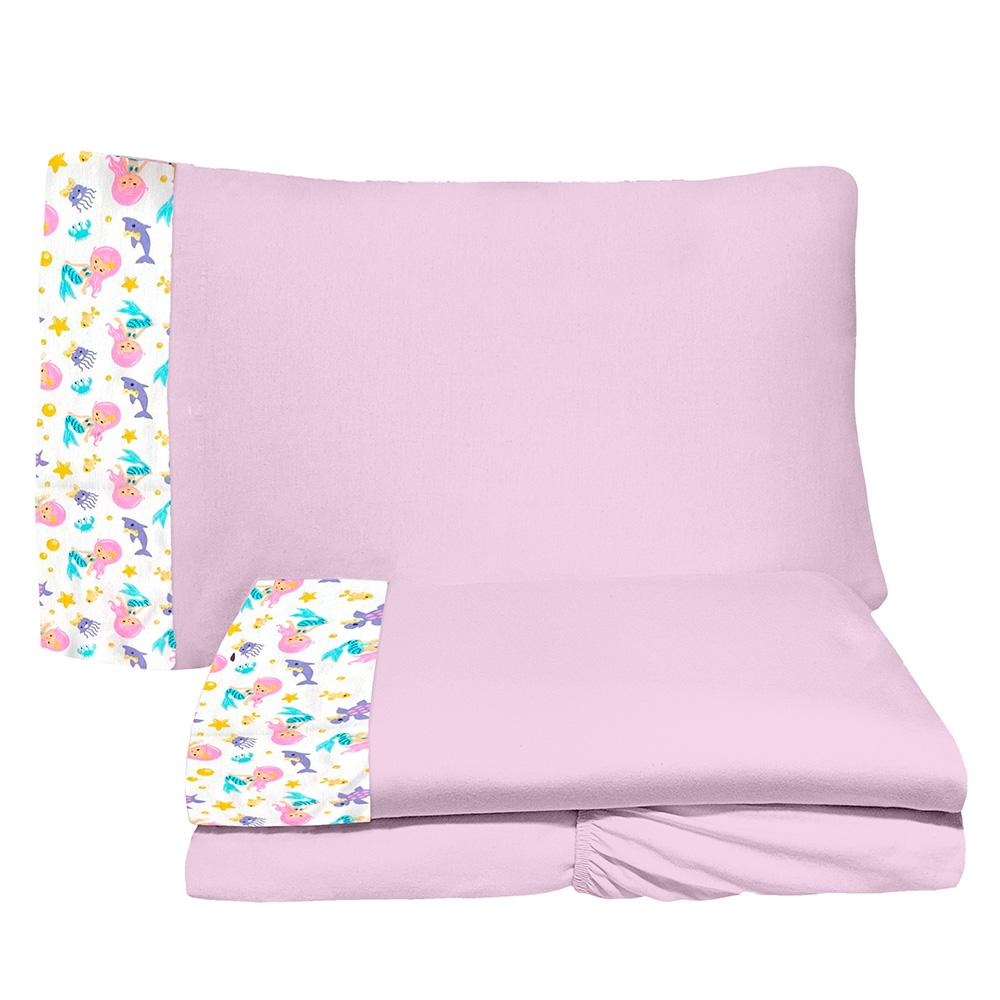 Jogo de Lençol 3 Peças Mini Cama Sereia Lilas 100% Algodão Arrumadinho Enxovais
