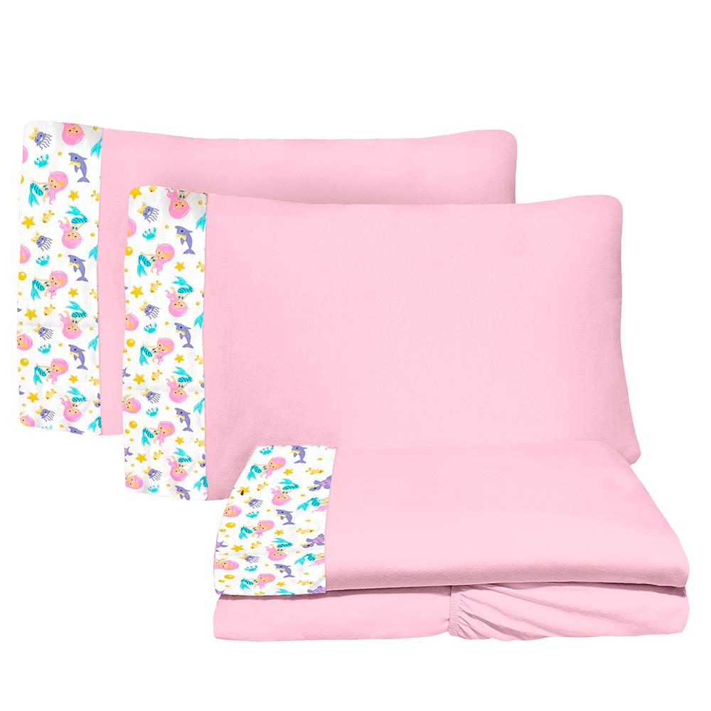 Jogo de Lençol 4 Peças Casal 1,38mx1,88m Sereia Rosa 100% Algodão Arrumadinho Enxovais