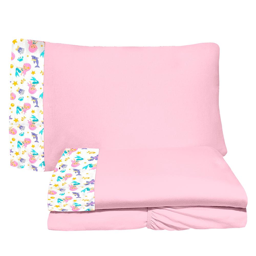 Jogo de Lençol 3 Peças Junior 78cm x 1,62m Sereia Rosa 100% Algodão Arrumadinho Enxovais