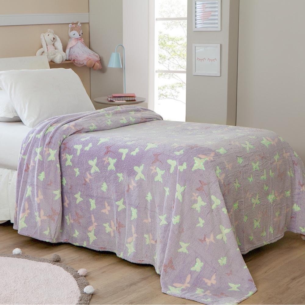 Manta de Microfibra Lilás Borboletas Shine Brilha no Escuro Solteiro 1,50x2,00m Corttex