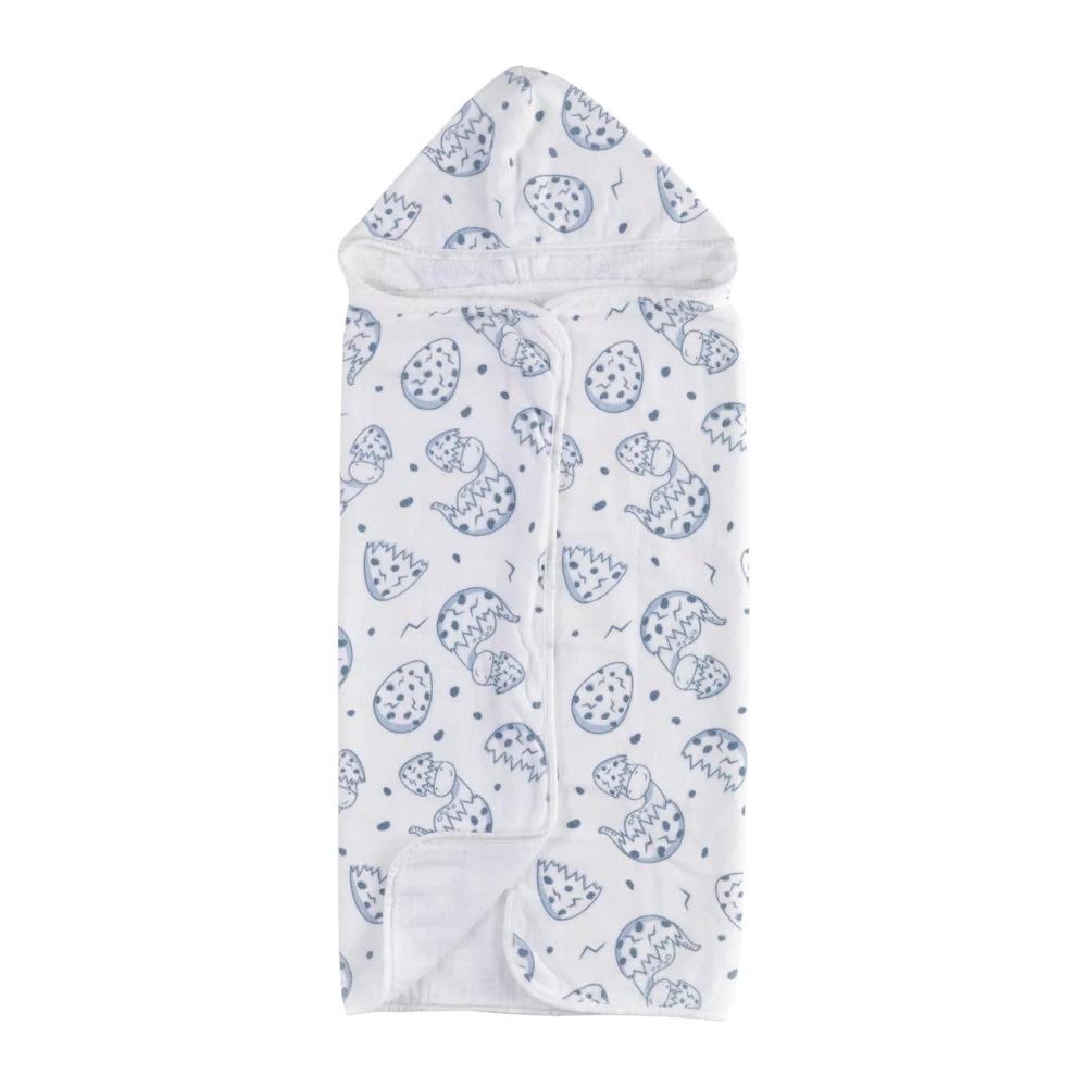 Toalha de Banho Para Bebê com Capuz e Forro de Fralda Dino Azul Teka