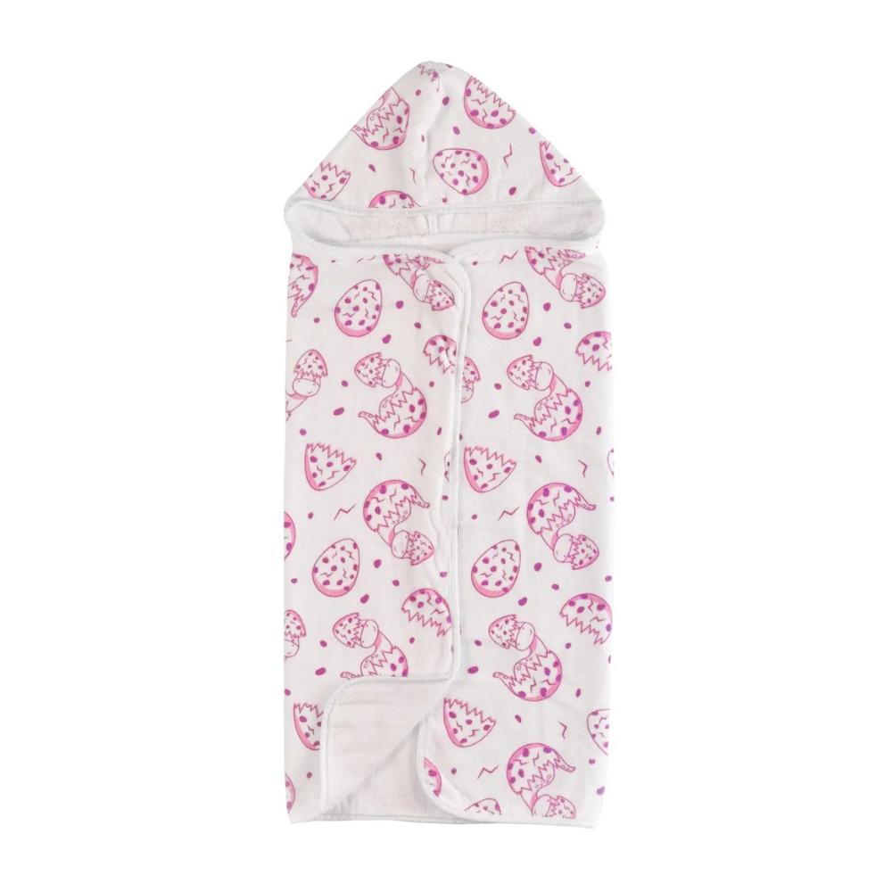 Toalha de Banho Para Bebê com Capuz e Forro de Fralda Dino Rosa Teka