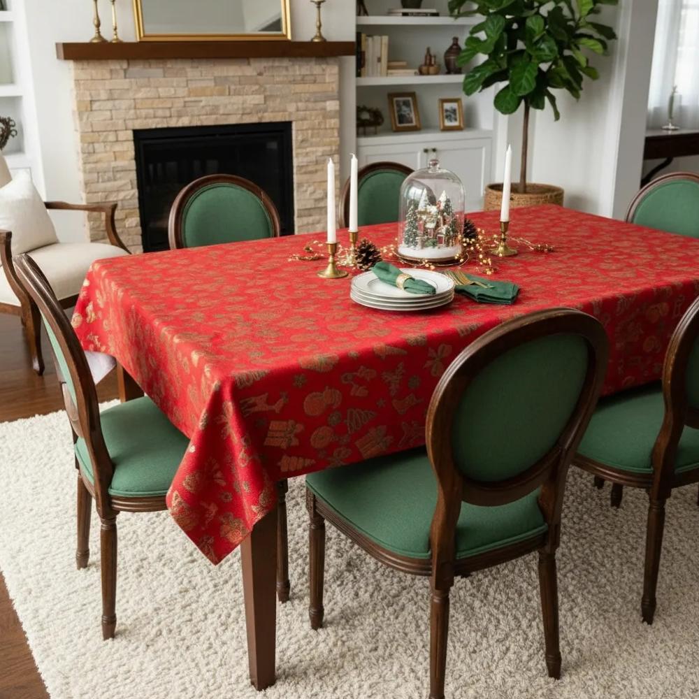 Toalha de Mesa Retangular 6 lugares 1,35x2,20m Natal Estampado Vermelho e Dourado Arrumadinho Enxovais